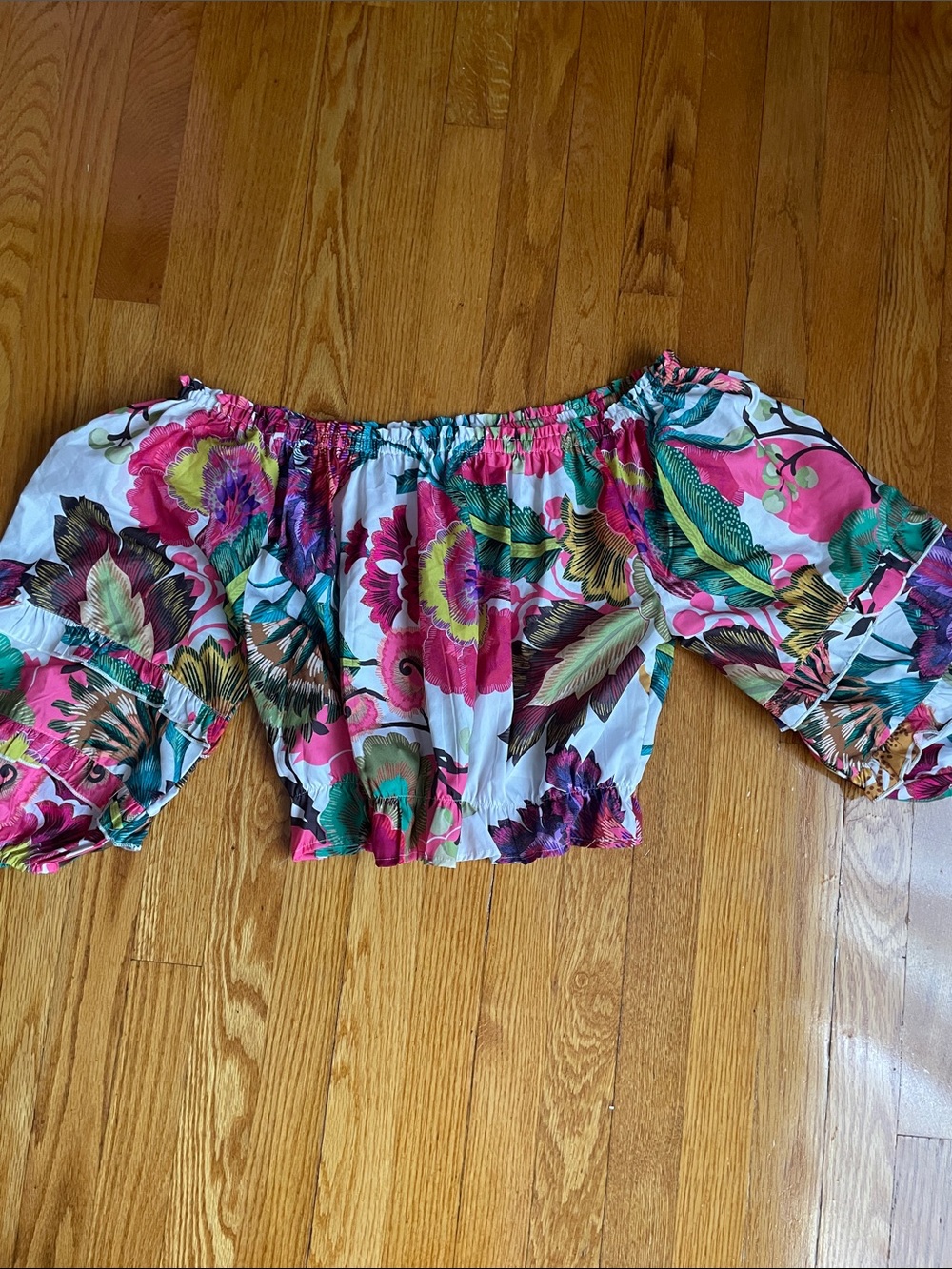 Rachel Zoe White Off-Shoulder Floral Crop Top with Pink and Green Accents